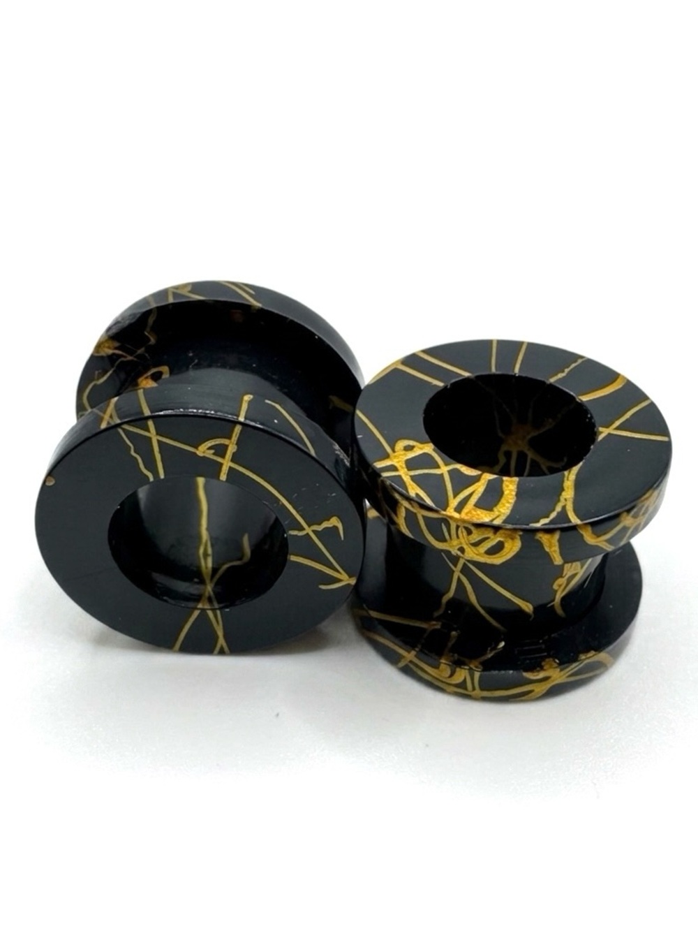 00G Black Acrylic Screw On Fit Ear Tunnels Plugs Gold Web Paint Splatter Pair